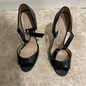 Manolo Blahnik Black Peep-Toe Slingback Sandals